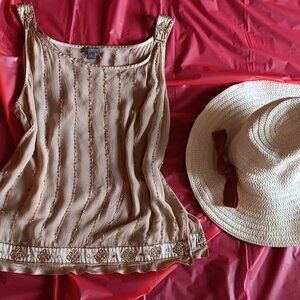 FLAPPER--STYLE ANN TAYLOR BEIGE BEADED SLEAVELESS 20s-STYLE TOP, POLY, MED.